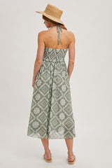Green Printed Smocked Halter Midi Dress