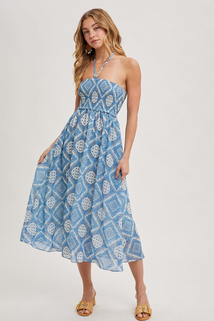 Blue Printed Smocked Halter Maternity Midi Dress