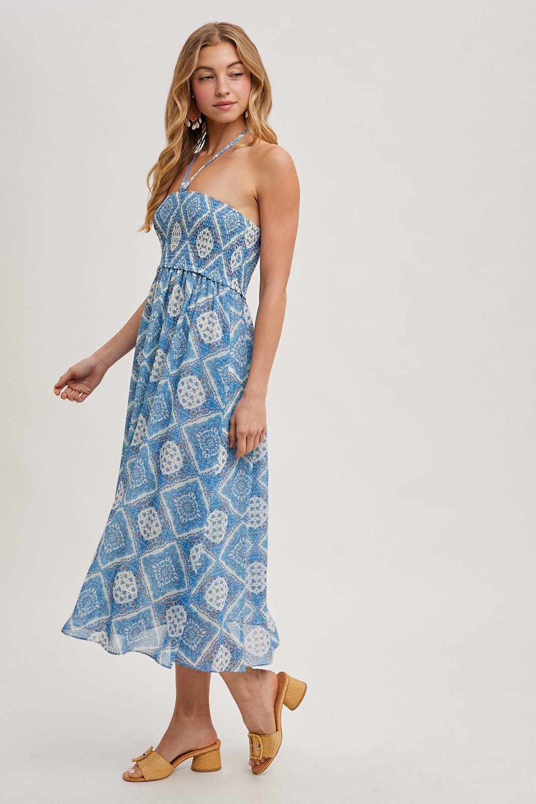 Blue Printed Smocked Halter Midi Dress