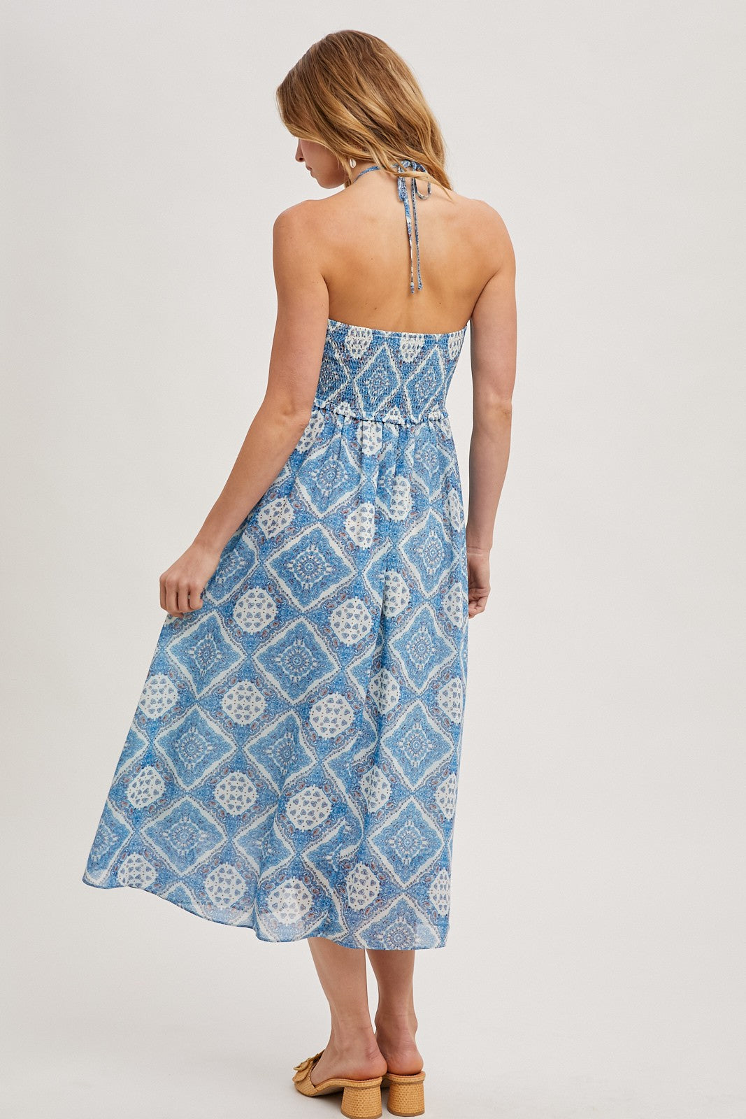 Blue Printed Smocked Halter Midi Dress