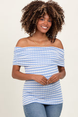 Blue Off The Shoulder Striped Maternity Top