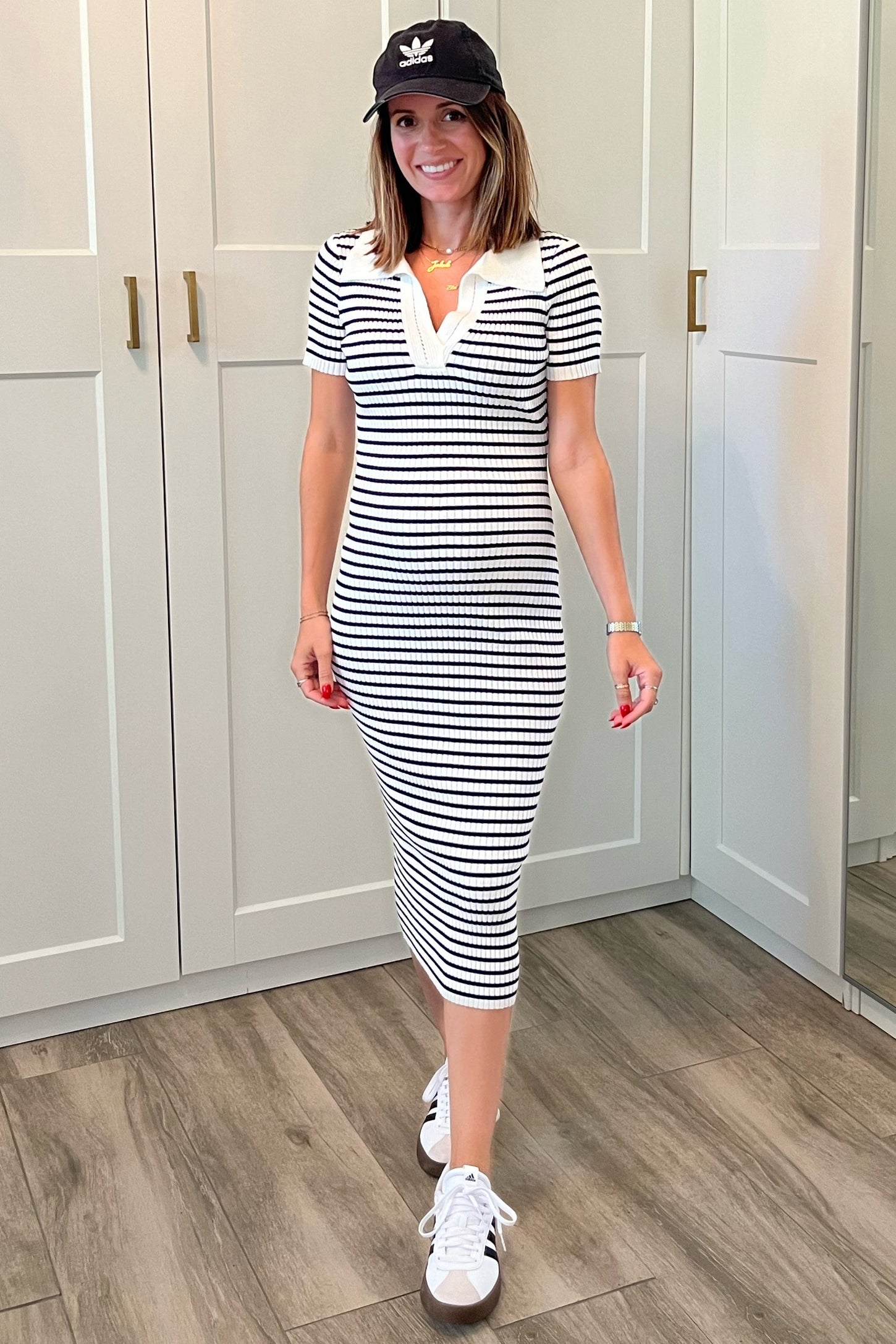 Ivory Striped Knit Collared Maternity Midi Dress