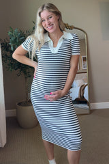 Ivory Striped Knit Collared Maternity Midi Dress