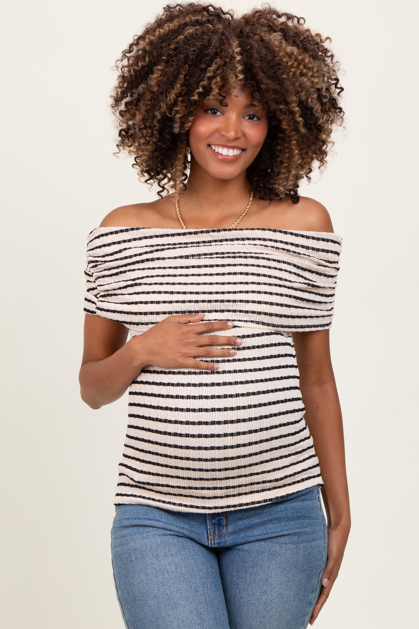 Beige Off The Shoulder Striped Maternity Top