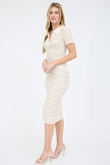 Beige Striped Knit Collared Midi Dress