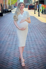 Beige Striped Knit Collared Maternity Midi Dress