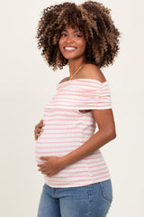 Light Pink Off The Shoulder Striped Maternity Top