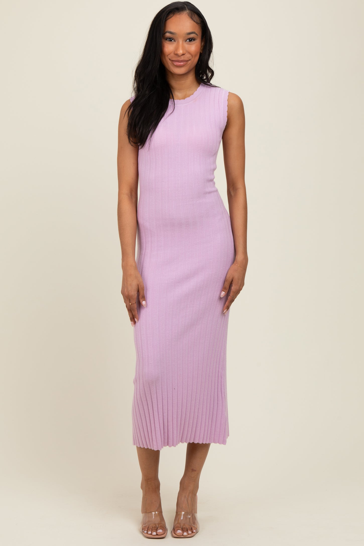 pink scalloped dress Feeling The Best Midi Shop the Mint 9% Acrylic Light Pink Scalloped Ribbed Knit