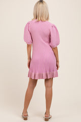 Pink Ribbed Knit Puff Sleeve Ruffle Hem Maternity Mini Dress