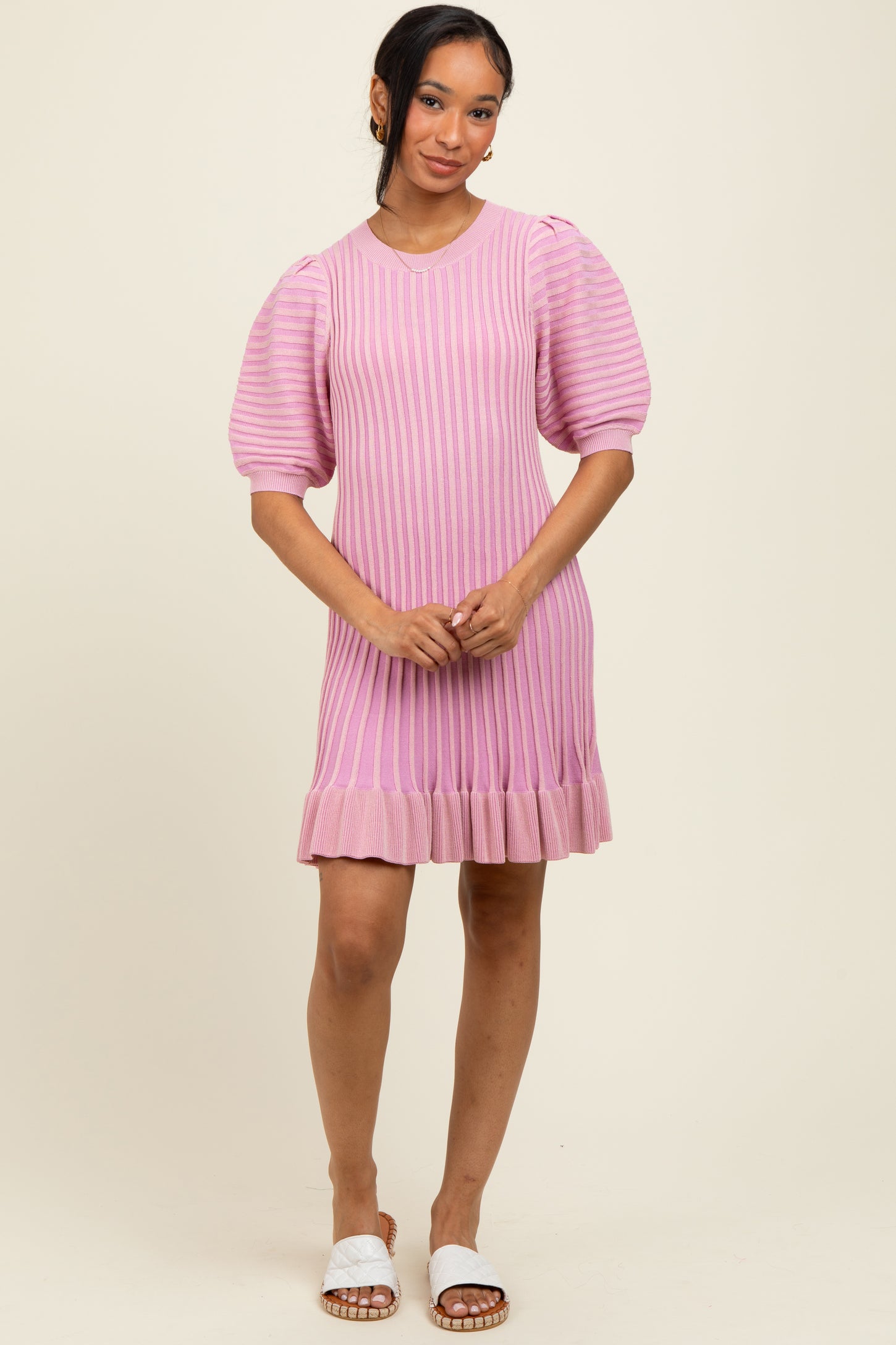 Pink Ribbed Knit Puff Sleeve Ruffle Hem Mini Dress