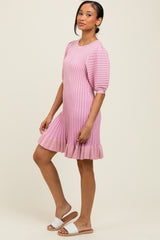 Pink Ribbed Knit Puff Sleeve Ruffle Hem Mini Dress