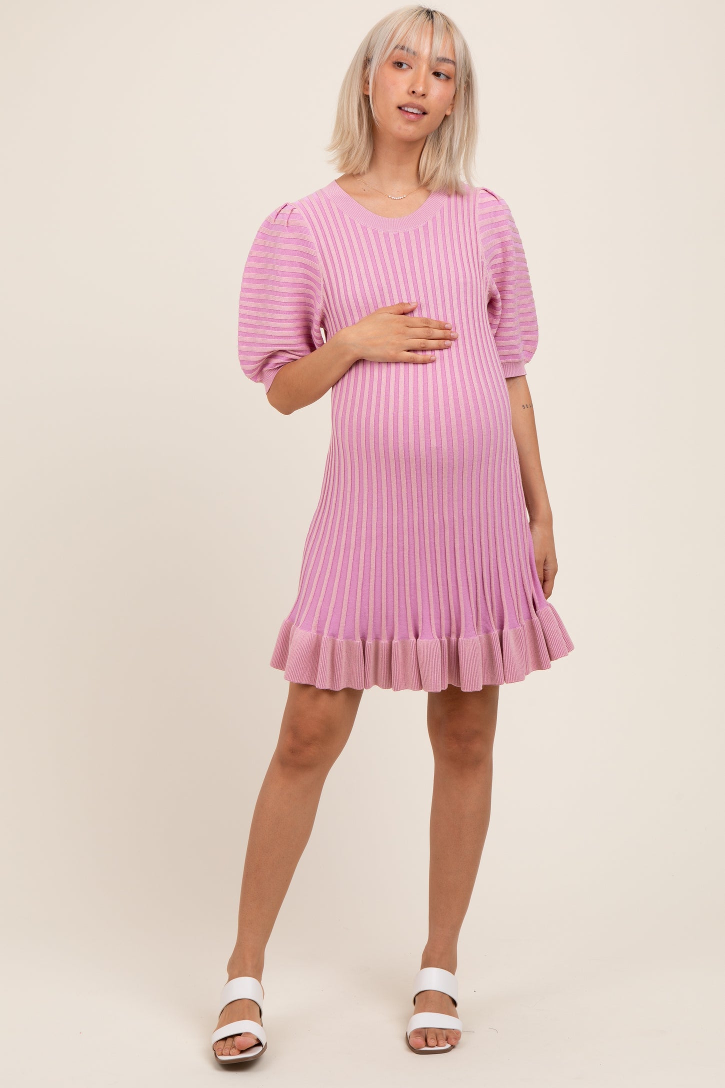 Pink Ribbed Knit Puff Sleeve Ruffle Hem Maternity Mini Dress