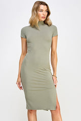 Light Olive Mock Neck Short Sleeve Dress