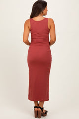 Rust Ribbed Basic Maternity Maxi Dress