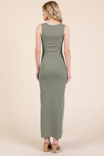 Light Olive Ribbed Basic Maxi Dress