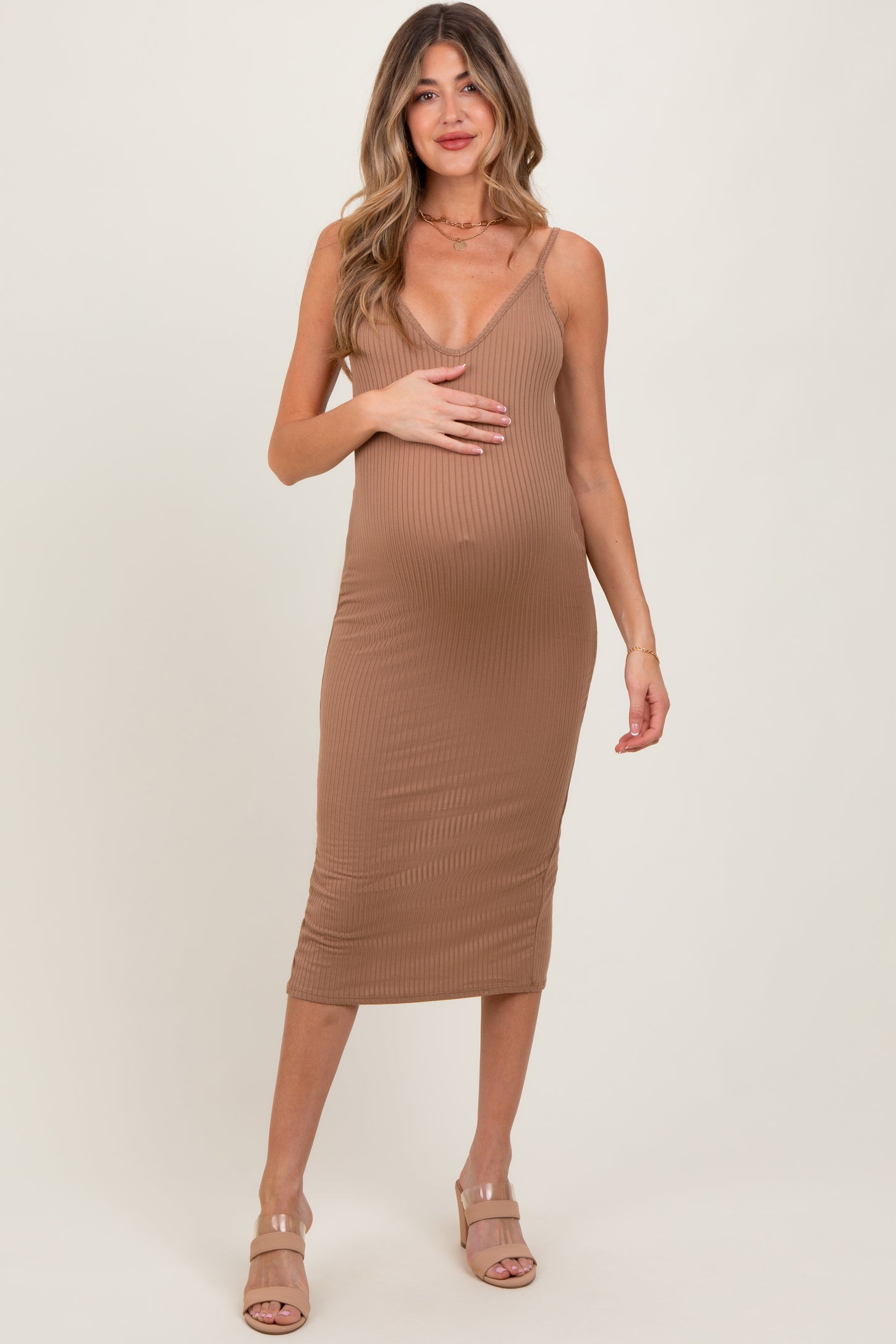 Taupe Ribbed Cami Maternity Midi Dress – PinkBlush