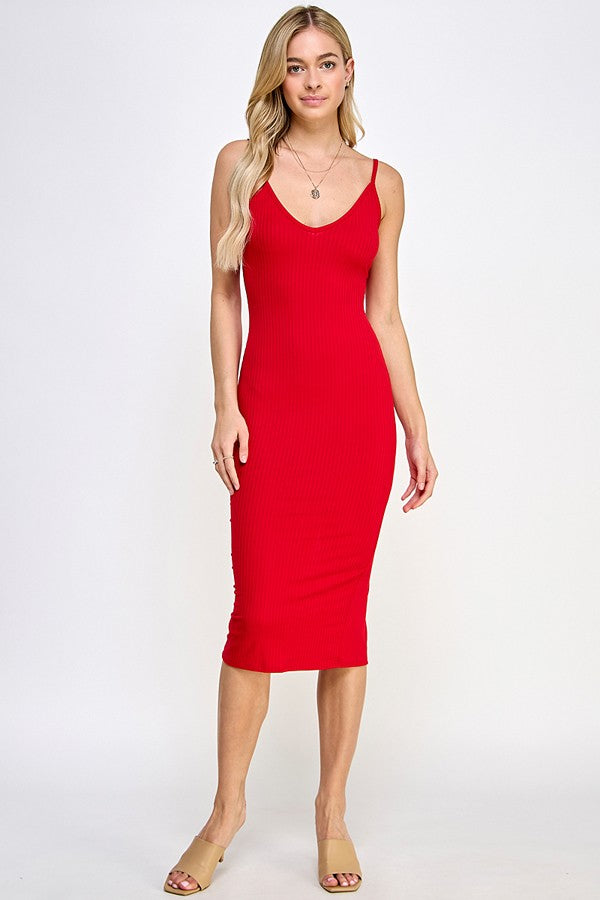 Red Ribbed Cami Midi Dress