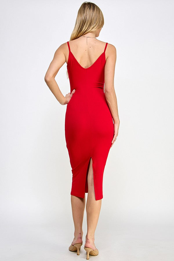 Red Ribbed Cami Midi Dress