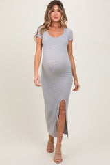 Heather Gray Short Sleeve Scoop Side Slit Maternity Dress