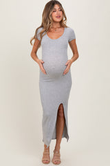 Heather Gray Short Sleeve Scoop Side Slit Maternity Dress