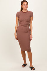 Brown Asymmetrical Ruched T-Shirt Maternity Dress