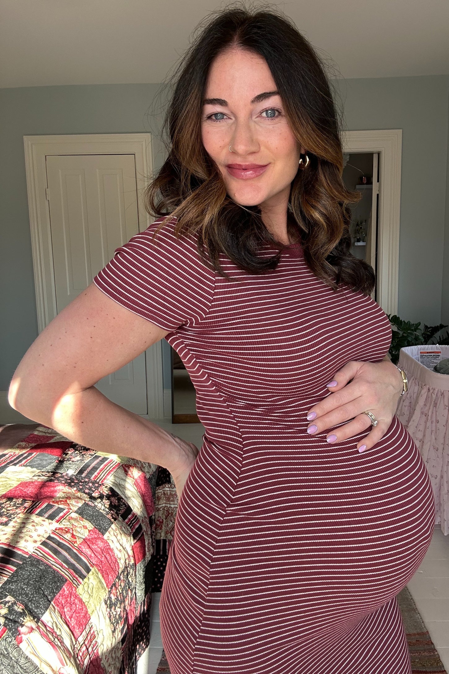 Burgundy Asymmetrical Ruched T-Shirt Maternity Dress