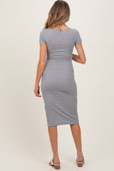 Gray Striped Button Square Neck Maternity Dress