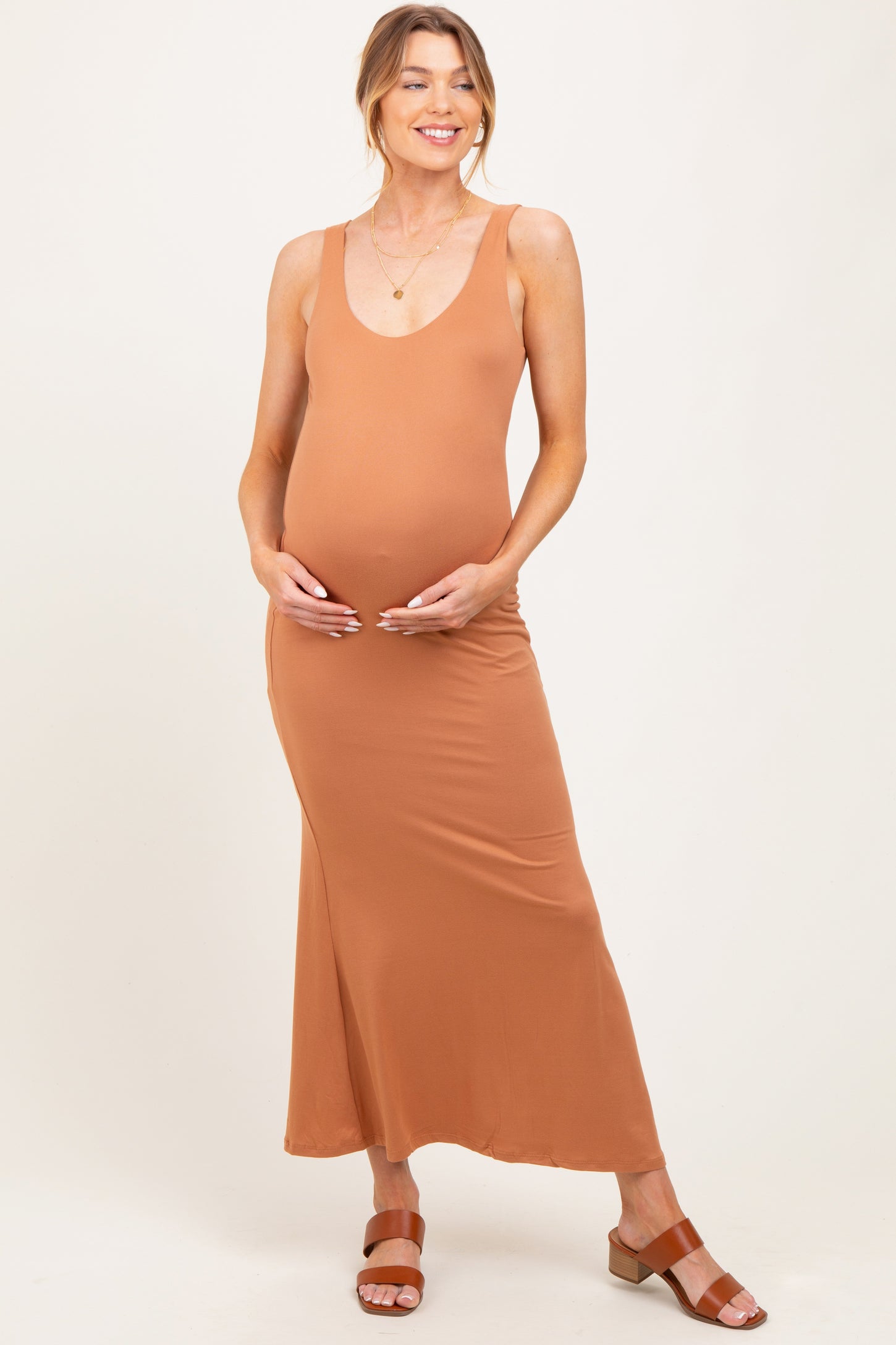 Camel Scoop Neck Fishtail Maternity Maxi Dress