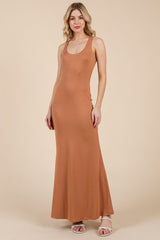 Camel Scoop Neck Fishtail Maxi Dress