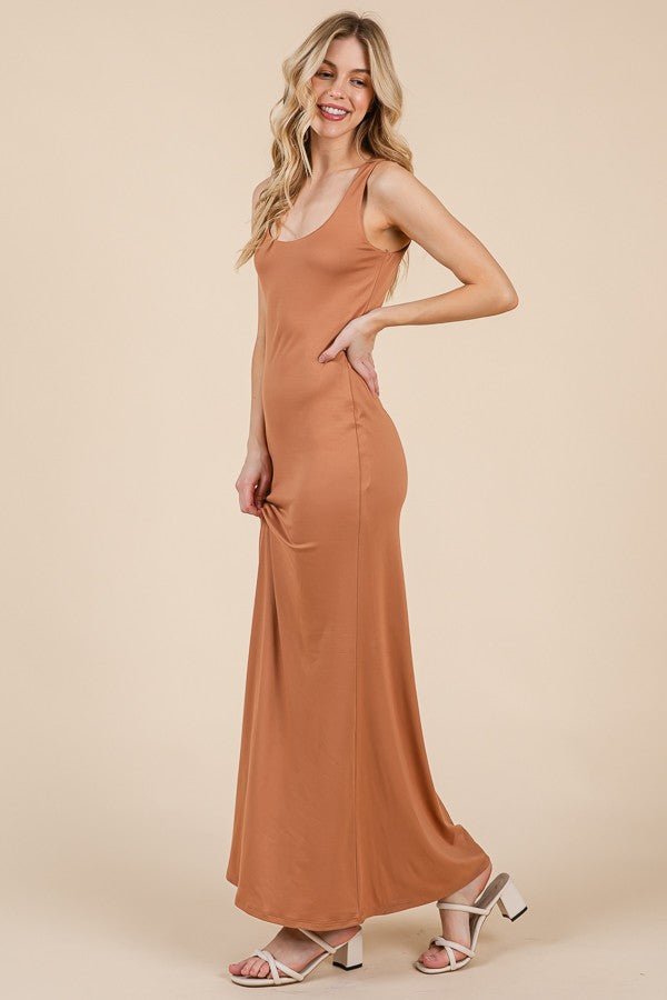 Camel Scoop Neck Fishtail Maxi Dress