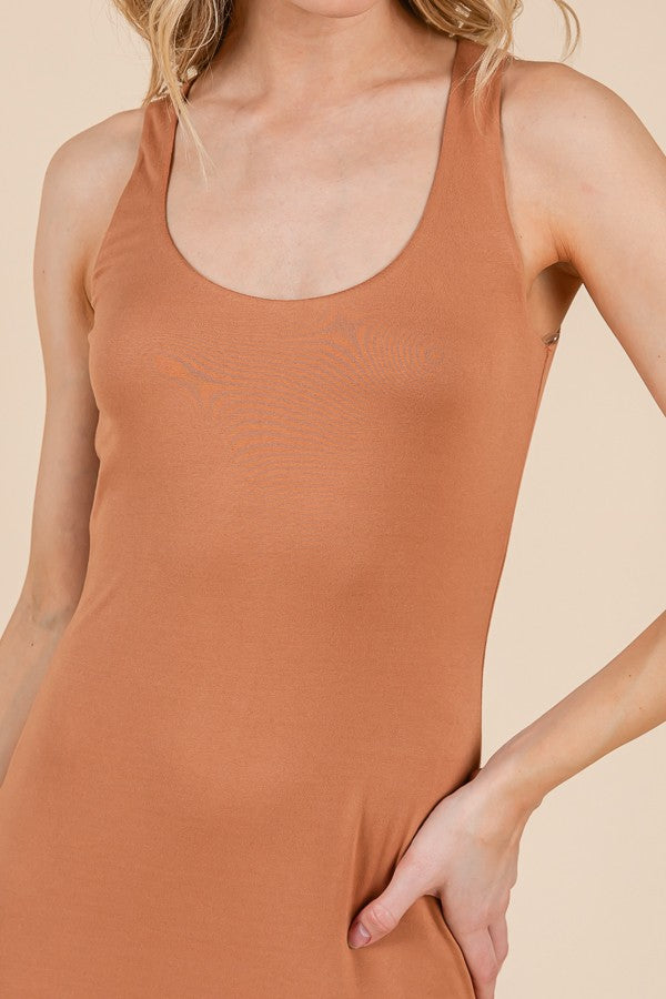 Camel Scoop Neck Fishtail Maxi Dress