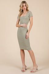 Sage Striped Double Layered Square Neck Midi Dress
