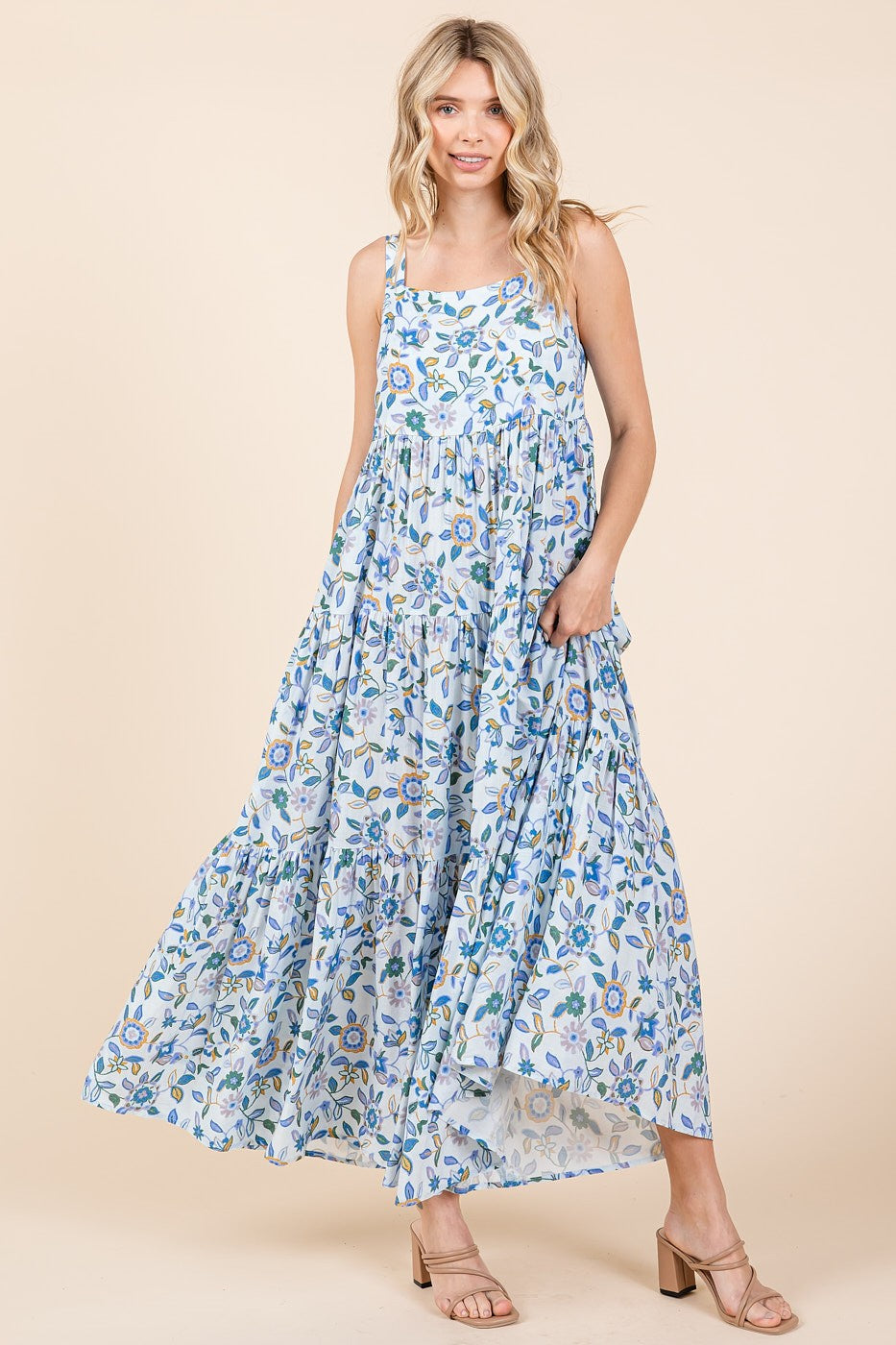 Blue Floral Sleeveless Tiered Maxi Dress – PinkBlush