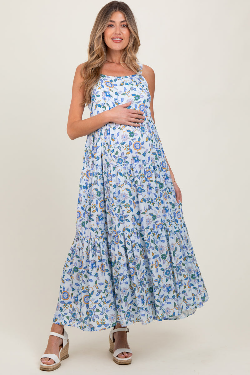 Blue Floral Sleeveless Tiered Maternity Maxi Dress – PinkBlush