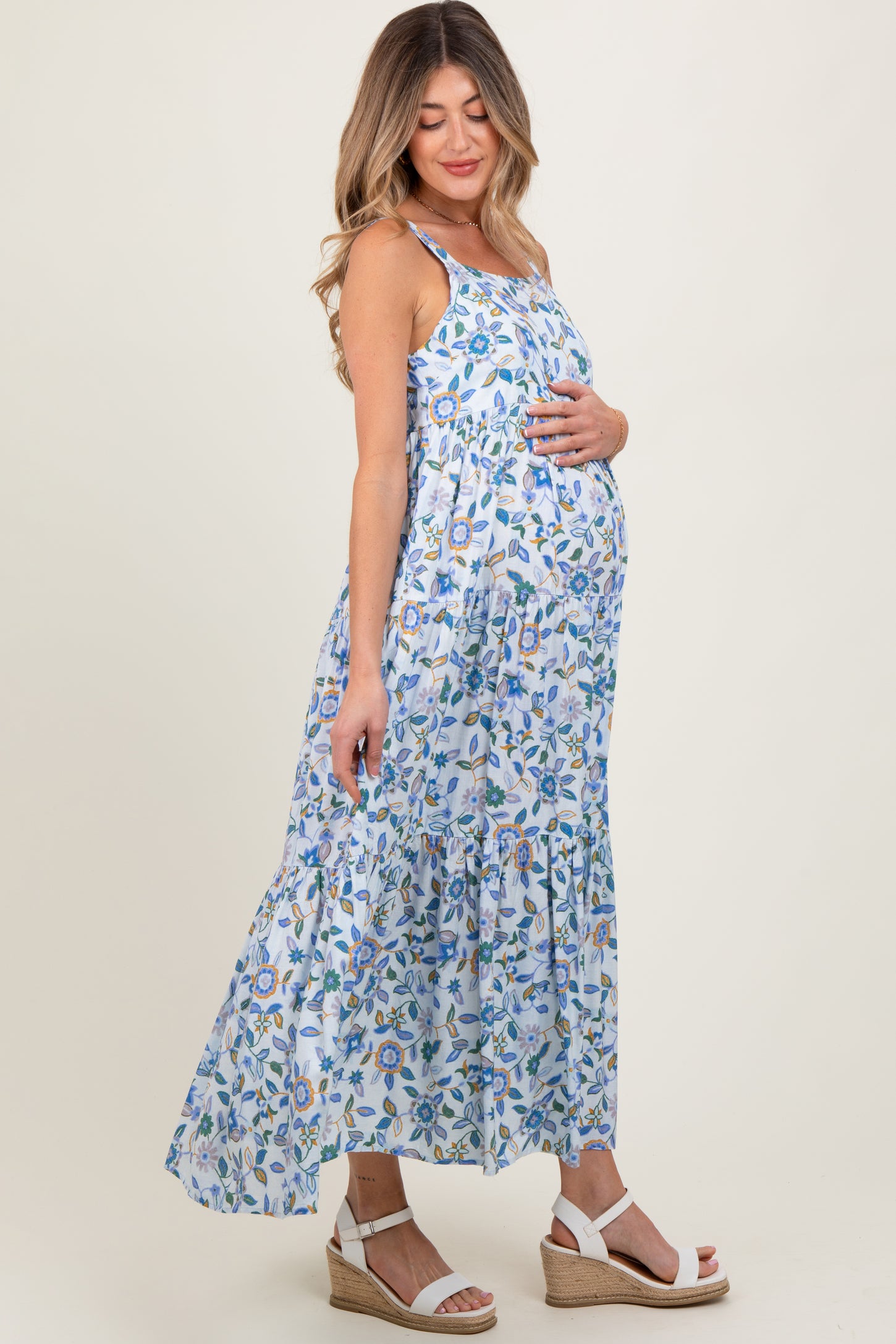 Blue Floral Sleeveless Tiered Maternity Maxi Dress – PinkBlush