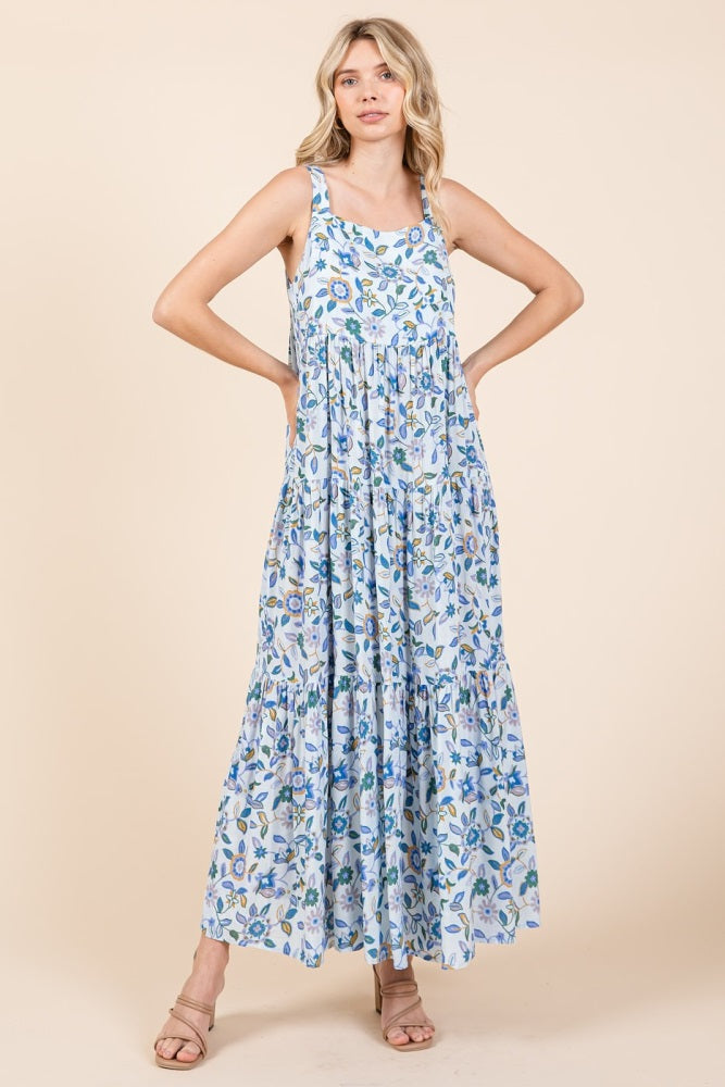 Blue Floral Sleeveless Tiered Maxi Dress