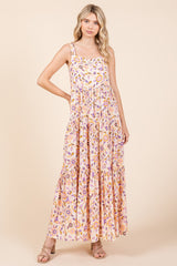 Peach Floral Sleeveless Tiered Maxi Dress