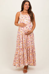 Peach Floral Sleeveless Tiered Maternity Maxi Dress