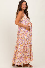 Peach Floral Sleeveless Tiered Maternity Maxi Dress
