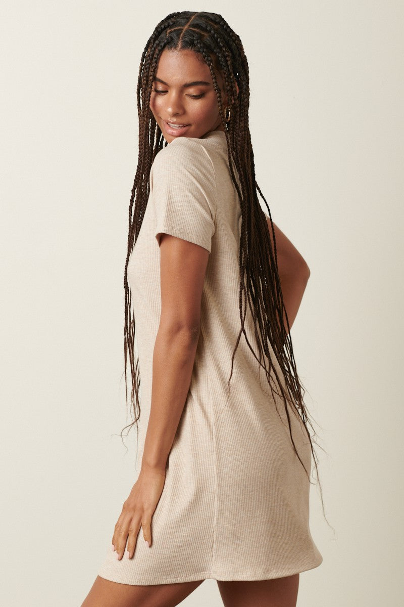 ribbed knit t shirt dress Beige Ribbed Knit Basic Short Sleeve T-Shirt Dress