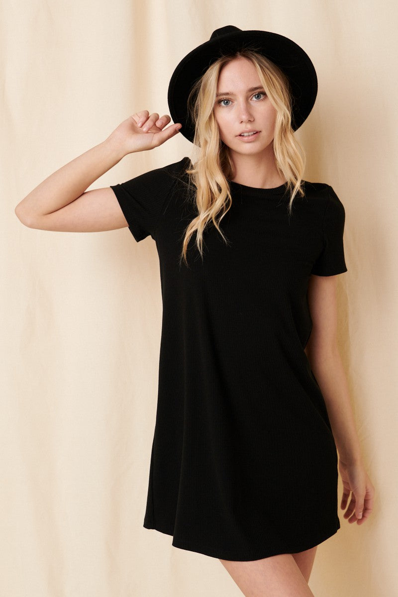 Black Ribbed Knit Basic Short Sleeve T-Shirt Dress