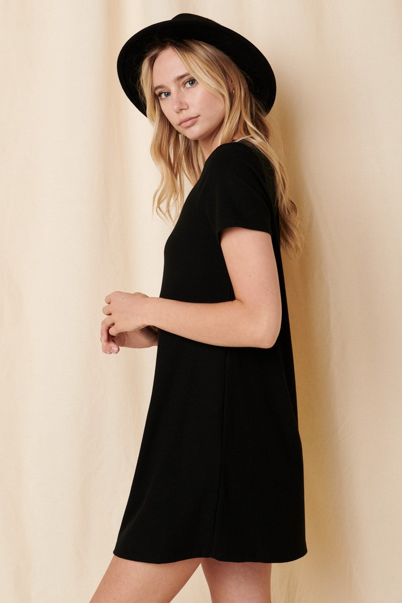 Black Ribbed Knit Basic Short Sleeve T-Shirt Dress