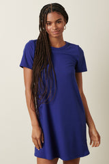Navy Ribbed Knit Basic Short Sleeve T-Shirt Dress