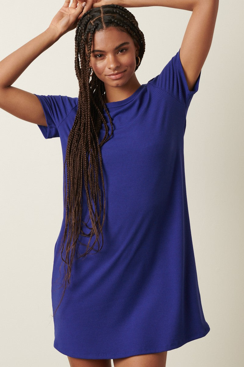Navy Ribbed Knit Basic Short Sleeve T-Shirt Dress