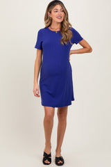 Navy Ribbed Knit Basic Short Sleeve Maternity T-Shirt Dress