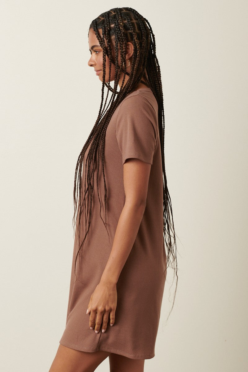 Brown Ribbed Knit Basic Short Sleeve T-Shirt Dress