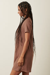 Brown Ribbed Knit Basic Short Sleeve T-Shirt Dress