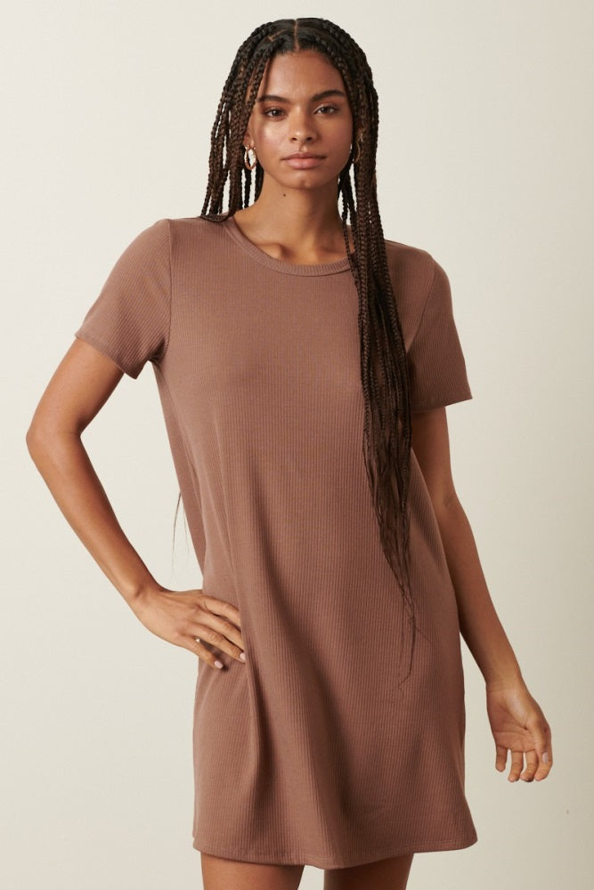 ribbed t shirt dress Alison Rib T-Shirt Dress, WKDR0011 / Mountain Ridge / S True to Size Brown Ribbed Knit Basic Short