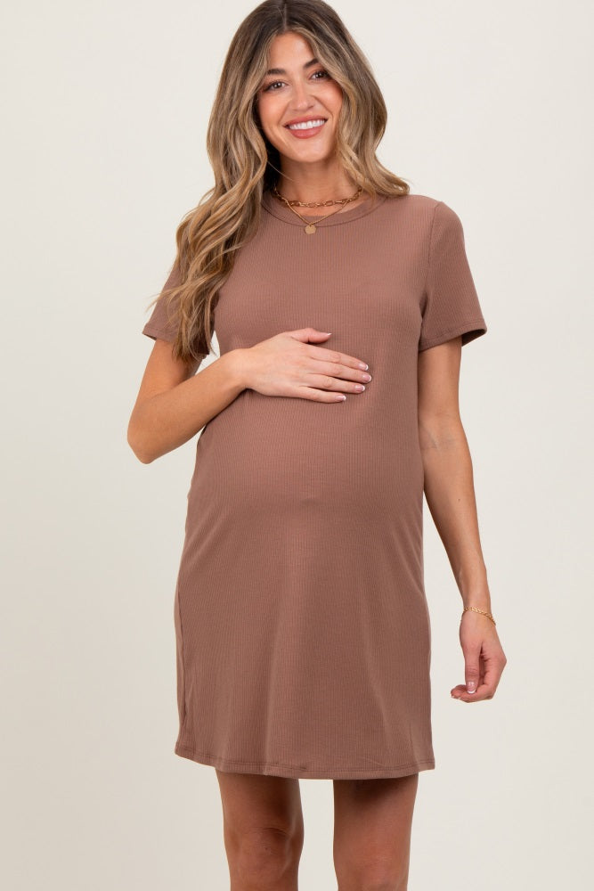Brown Ribbed Knit Basic Short Sleeve Maternity T-Shirt Dress
