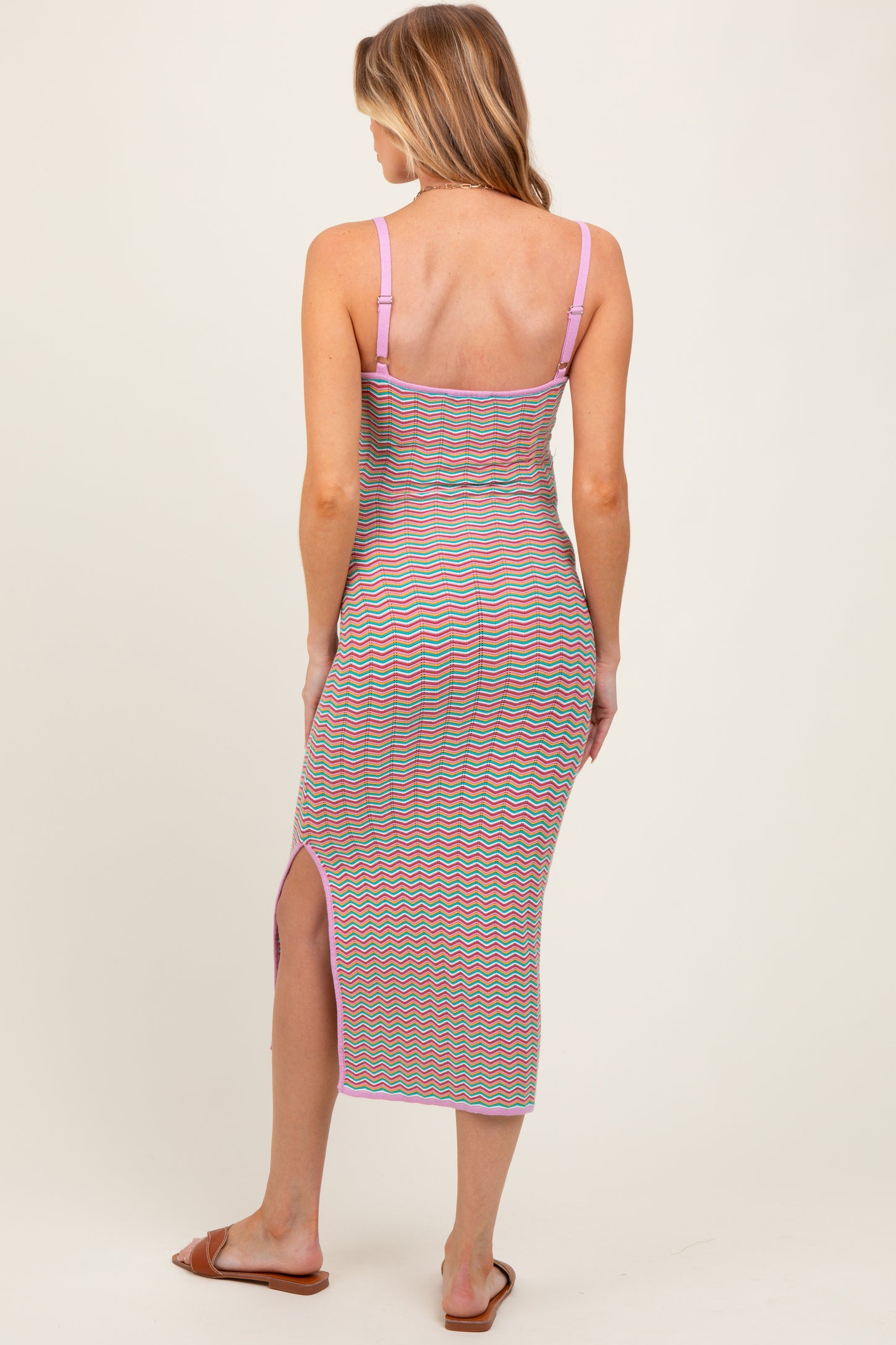 Pink Chevron Knit Cutout Fitted Maternity Midi Dress